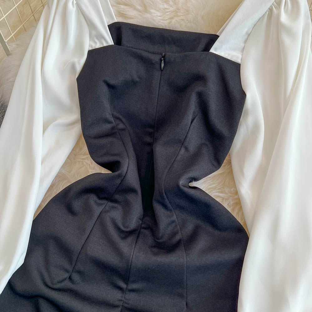 Square Neckline Black&White Fishtail Dress