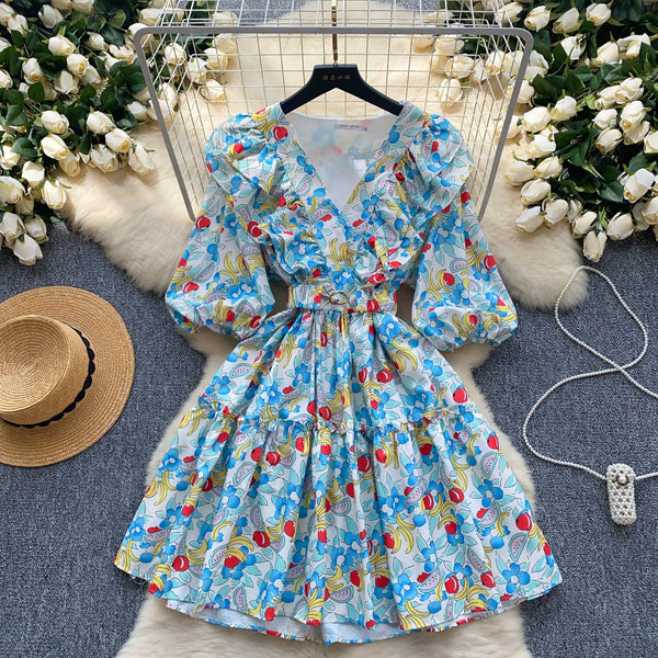 Ruffled Collar Floral Puffy Dress