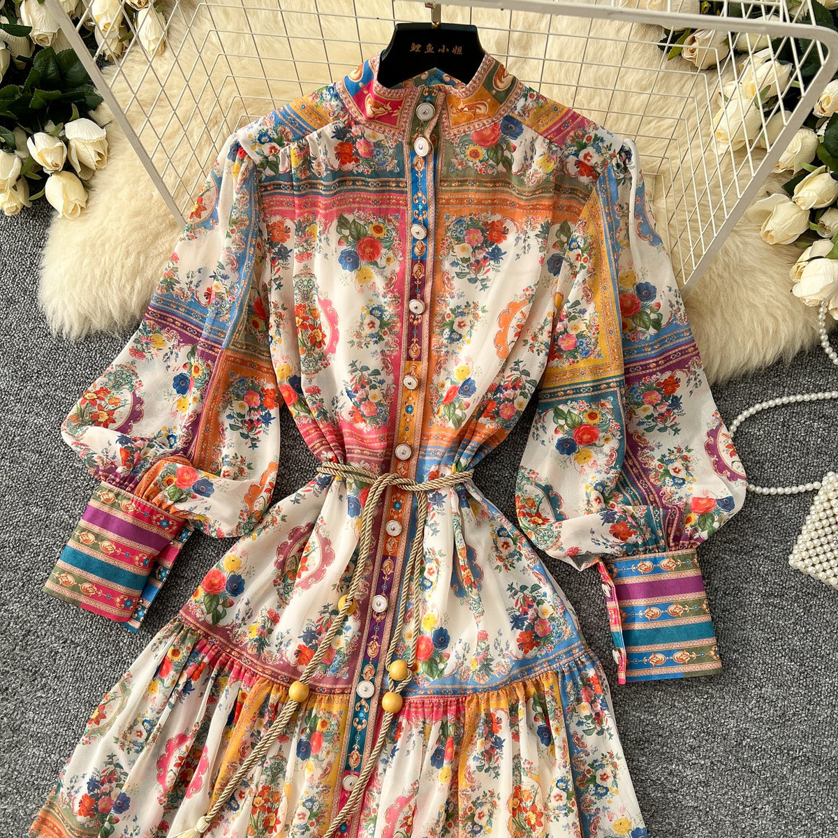 Elegant Stand Collar Floral Shirt Dress