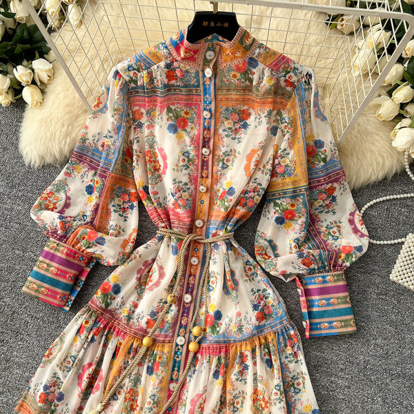 Elegant Stand Collar Floral Shirt Dress