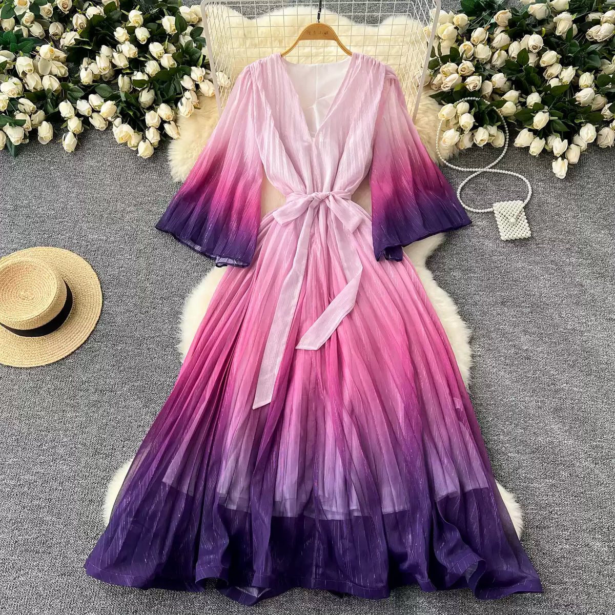 Gradient Color V-neck Fairy Dress