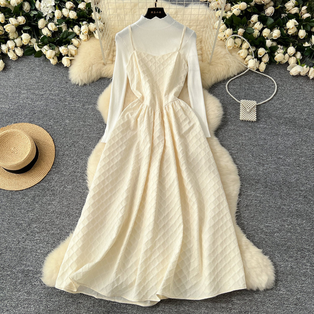 Jacquard Dress&Black Sweater Courtly 2Pcs