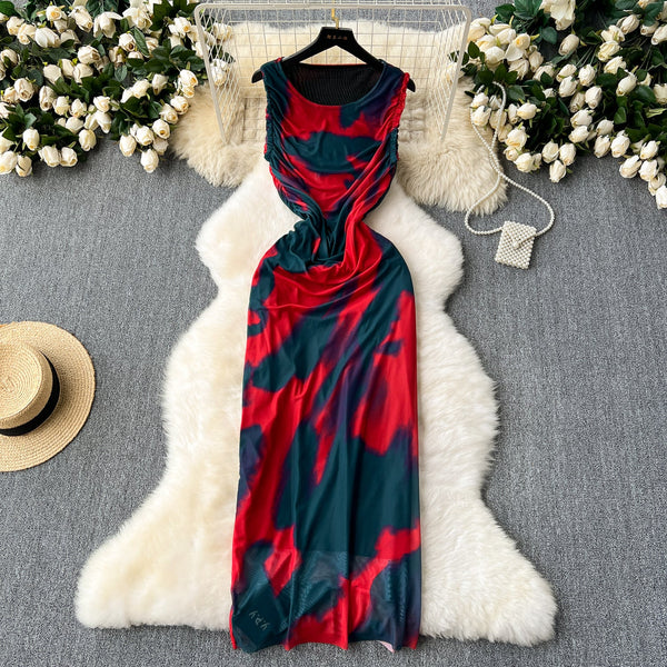 Elegant Tie-dye Pleated Vest Dress