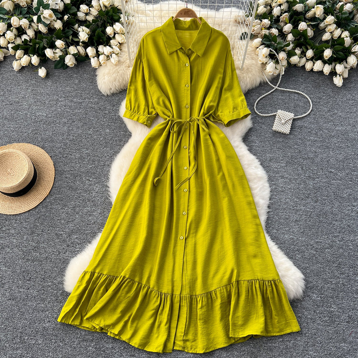 Vintage Solid Color Ruffled Shirt Dress
