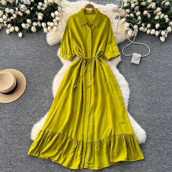Vintage Solid Color Ruffled Shirt Dress