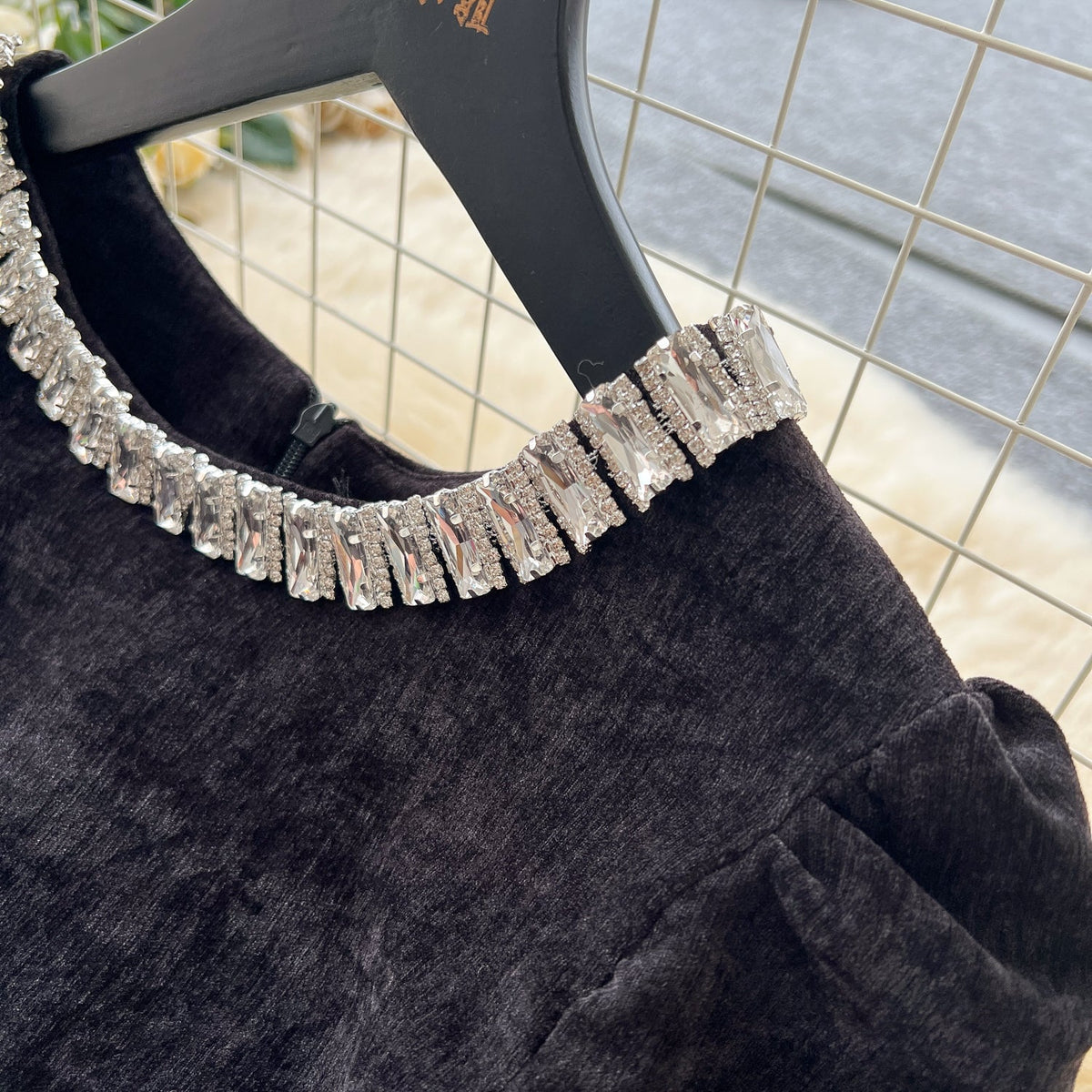 Rhinestone Studded Sequined Mesh Black Dress