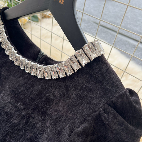 Rhinestone Studded Sequined Mesh Black Dress