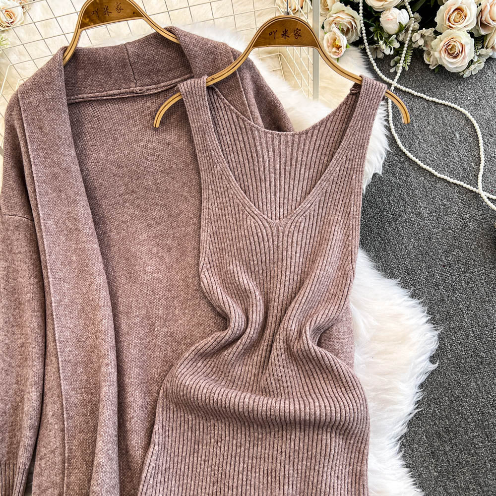 Openwork Cardigan&Vest Dress 2Pcs