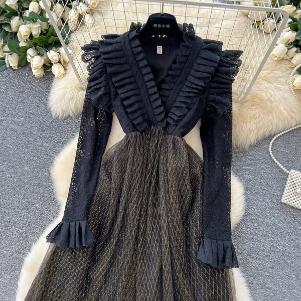 Ruffled V-neck Mesh Patchwork Dress