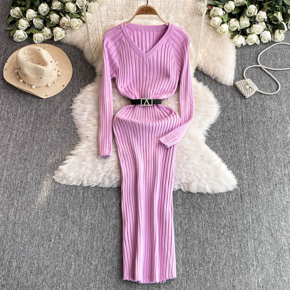 V-neck Elastic Knitted Dress with Belt