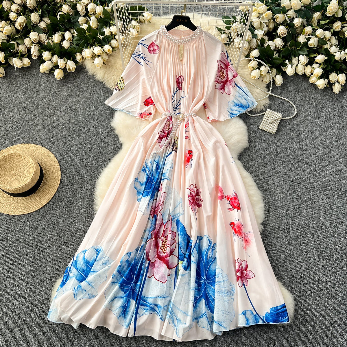 Beaded Crew Neck Printed Dress