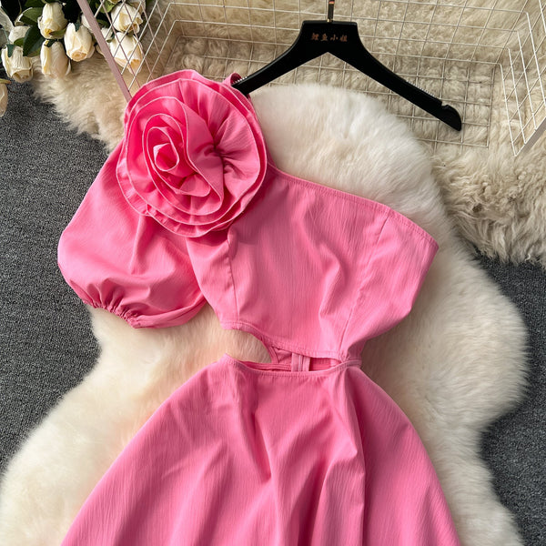 3D Floral One-shoulder Hollowed Dress