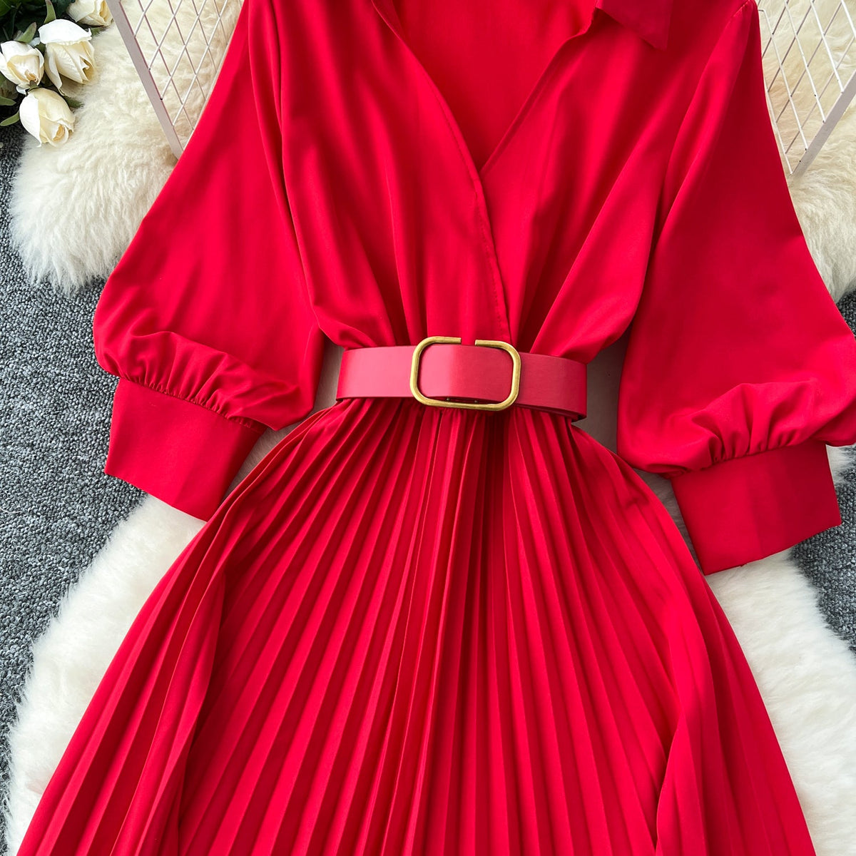 Lapeled Pleat Shirt Dress with Belt