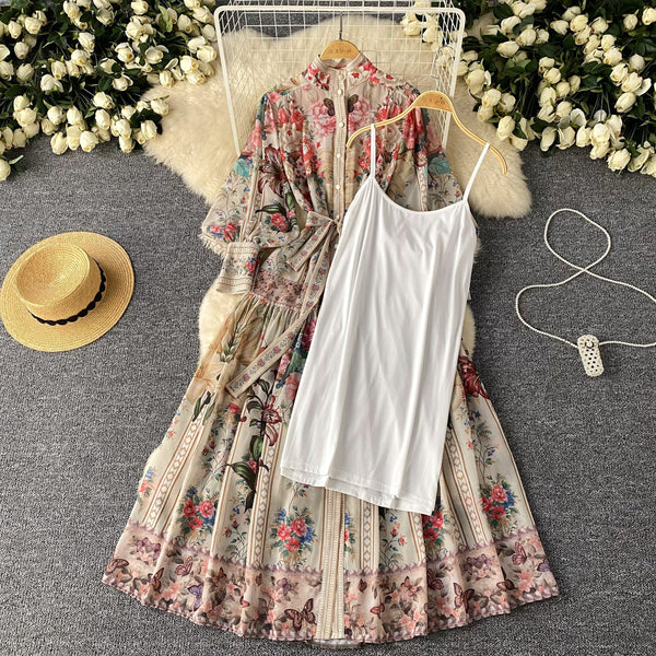 Courtly Lace-up Floral Shirt Dress