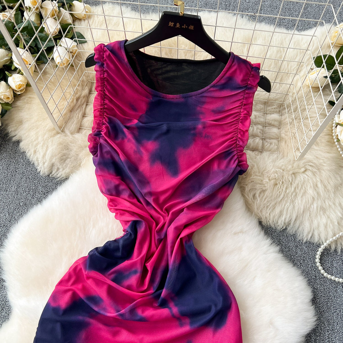 Elegant Tie-dye Pleated Vest Dress
