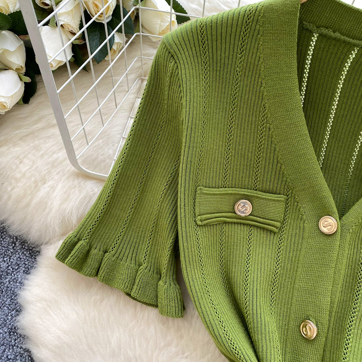 French Style V-neck Knit Shirt Dress