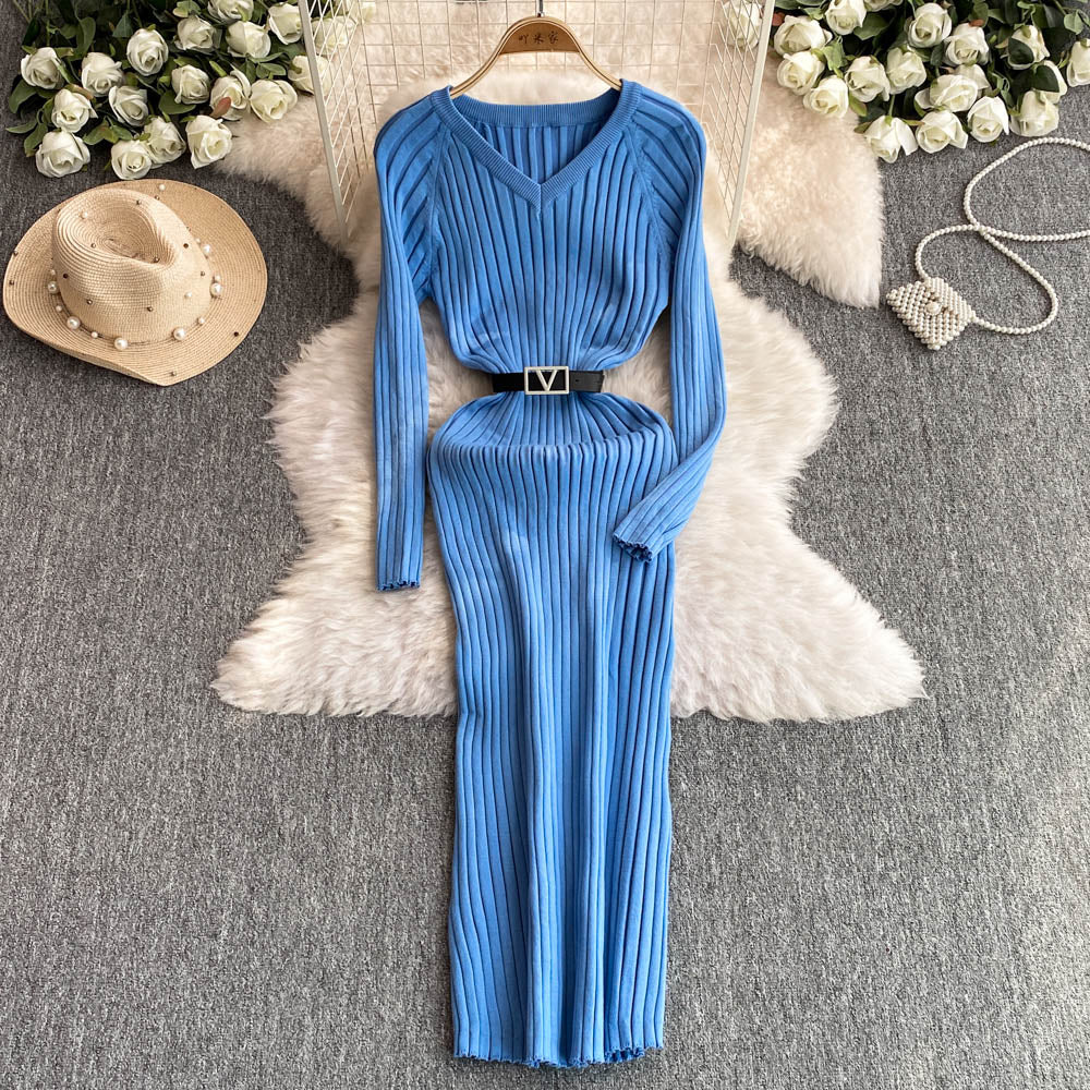 V-neck Elastic Knitted Dress with Belt