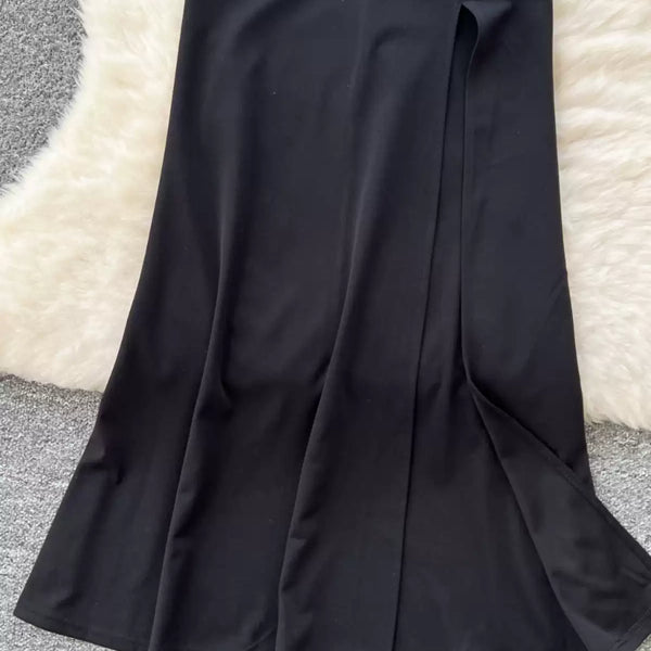 High-end Ruffled Neckline Black Dress