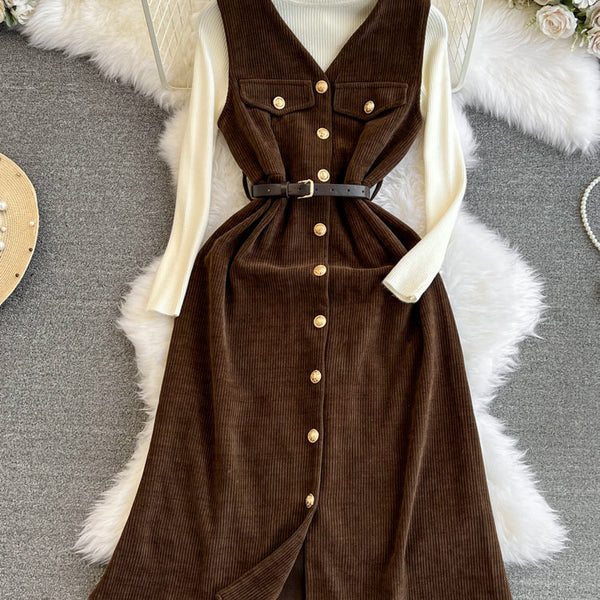 Corduroy Vest Dress&Knitwear 2Pcs