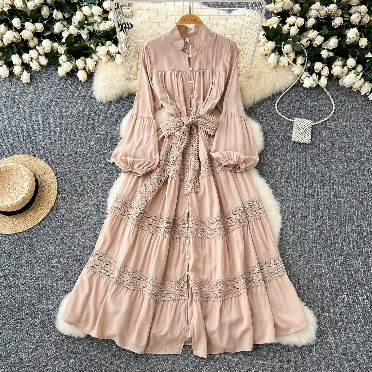 Courtly Lace-up Patchwork Shirt Dress
