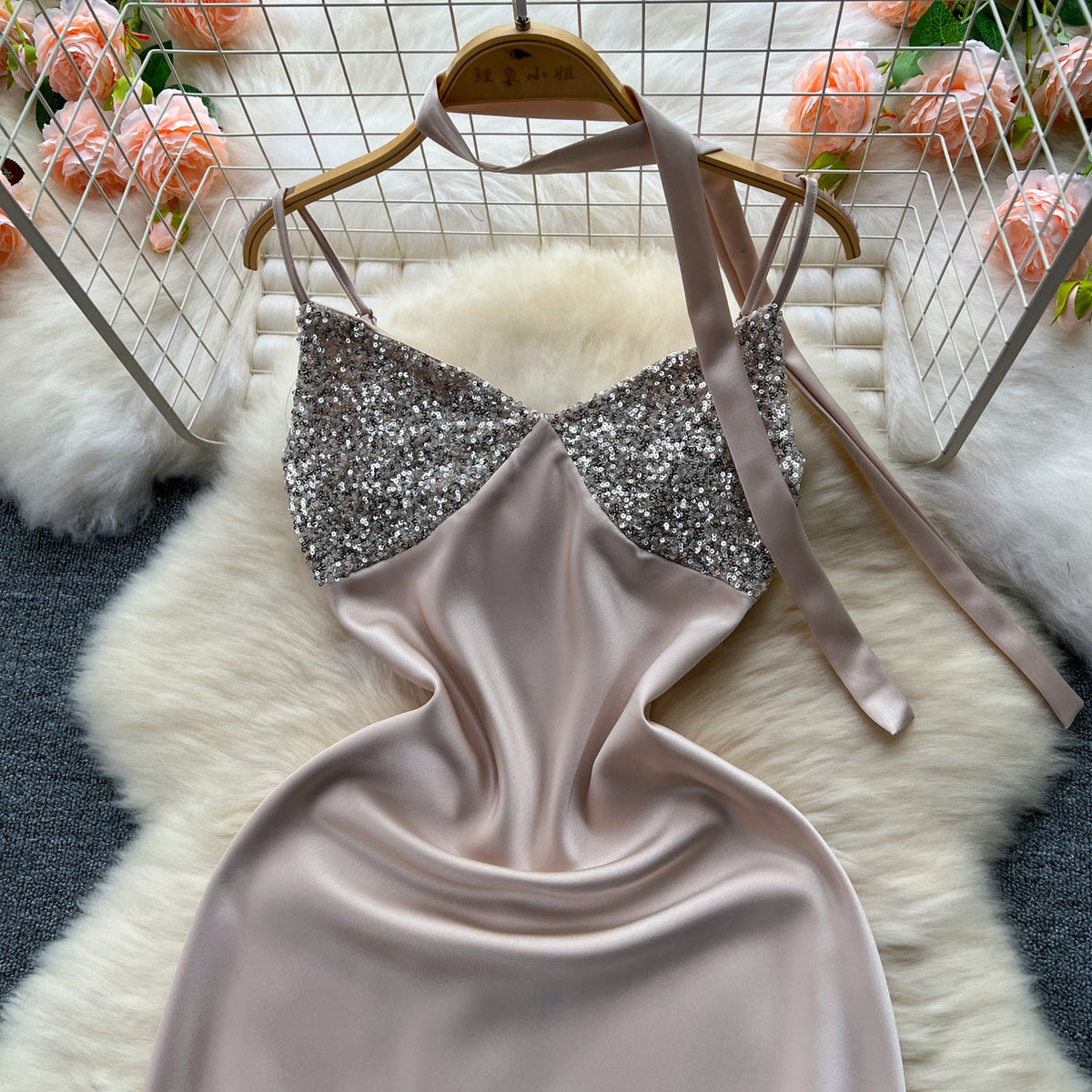 Sequined Patchwork Satin Slip Dress