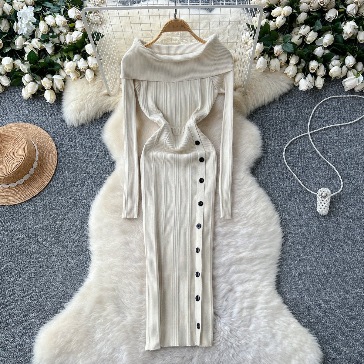 Niche Lapeled Waist-slimming Knitted Dress