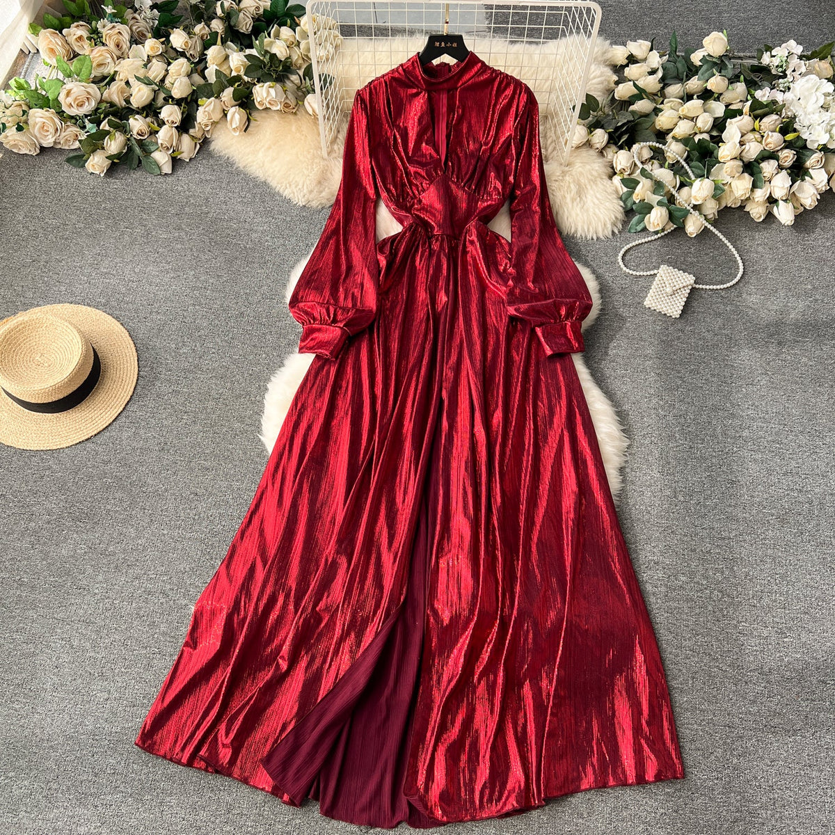 Deep V-neck Glossy Satin Dress