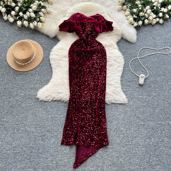 Ruffled Neckline Sequined Velvet Dress