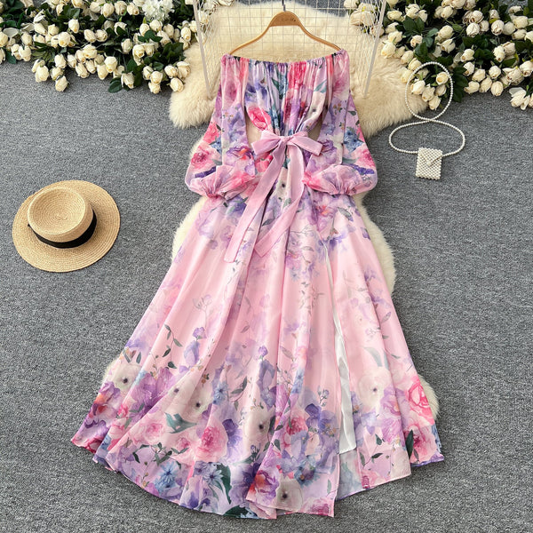Off-shoulder Lace-up Floral Chiffon Dress