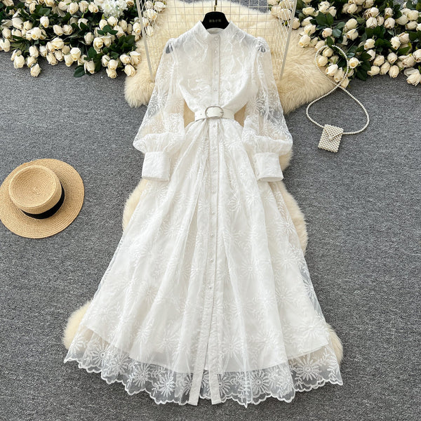 Vintage Ruffled Embroidery Shirt Dress