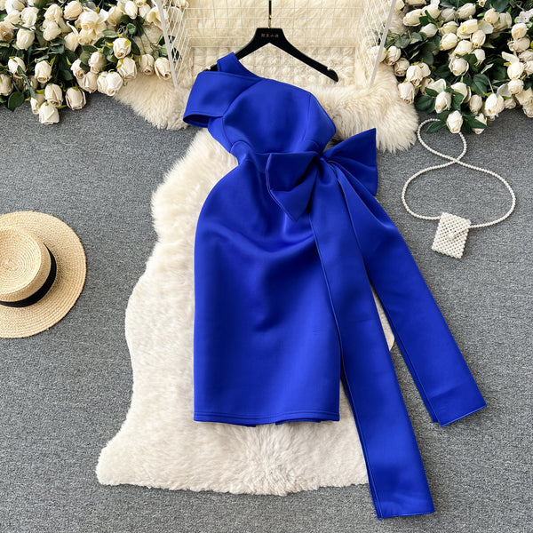 Slant Neckline Large Bow Dress