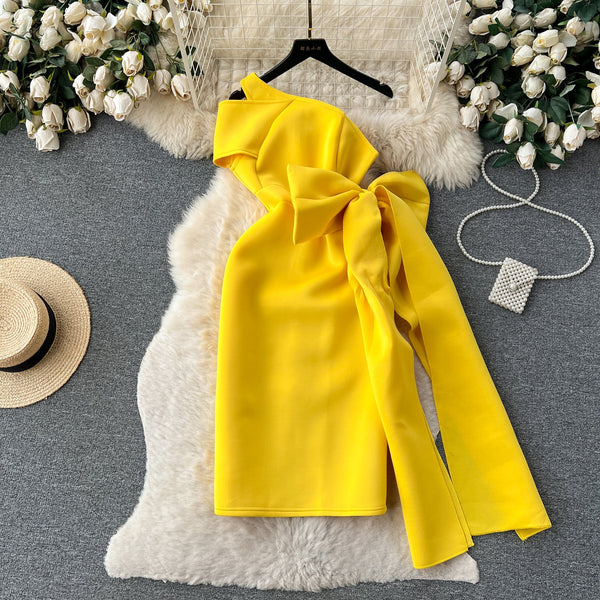 Slant Neckline Large Bow Dress