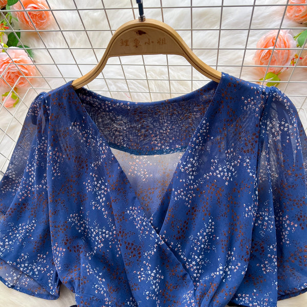 French Style V-neck Floral Chiffon Dress