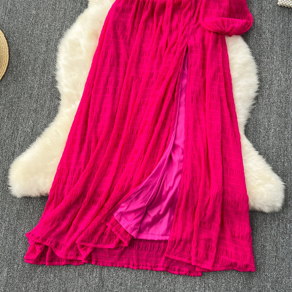 Slant Neckline Hollowed Rose Red Dress