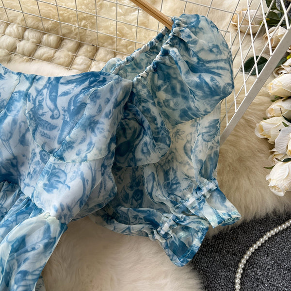 Puffy Sleeve Printed Organza Dress