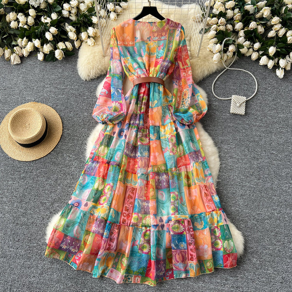 V-neck Colorful Printed Chiffon Dress