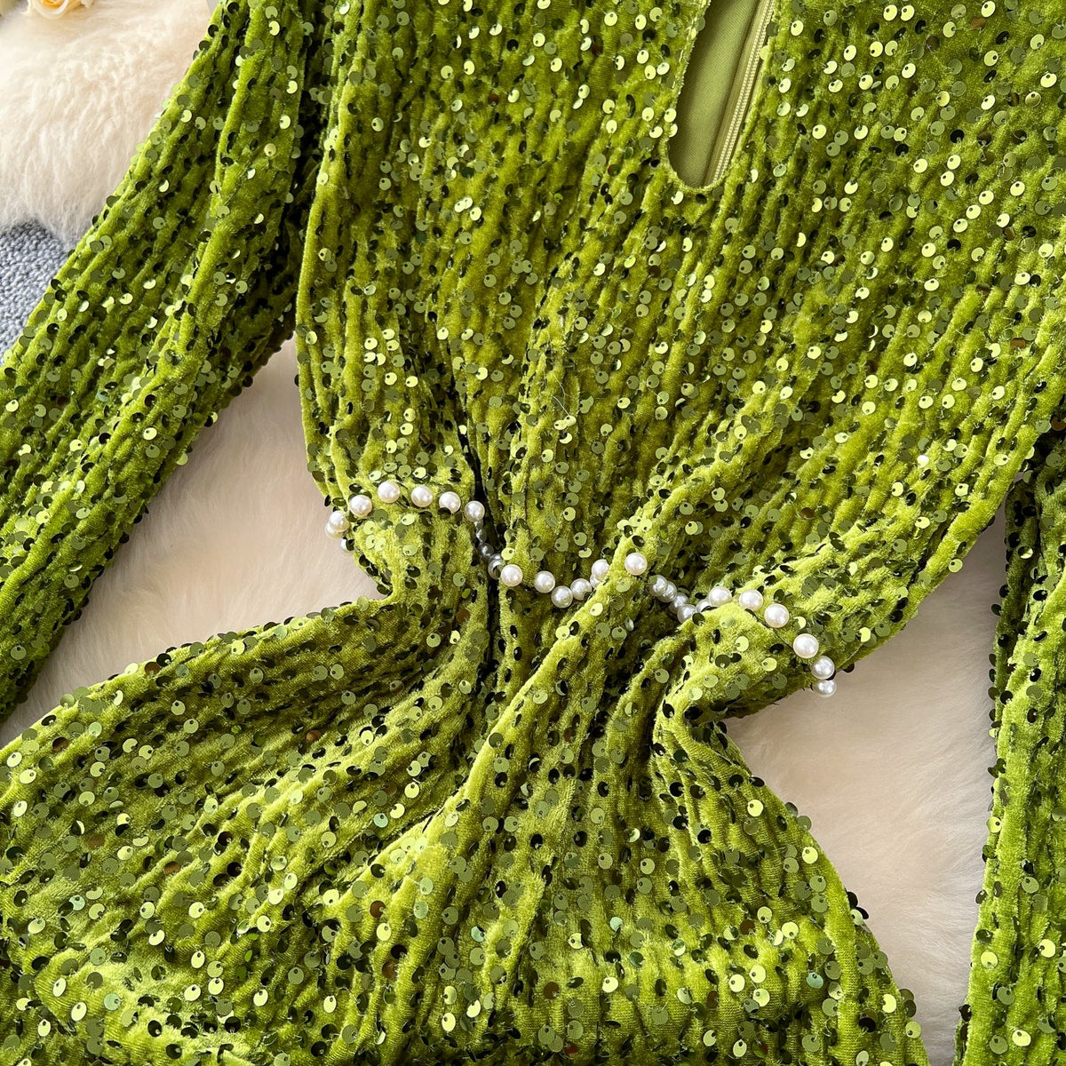 Beaded Collar Sequined Velvet Dress