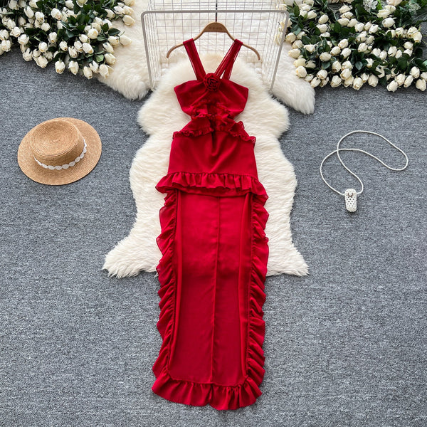 Niche Rose Ruffled Red Halter Dress