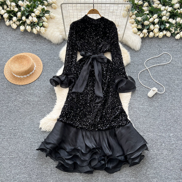 High-end Sequined Ruffled Hem Dress