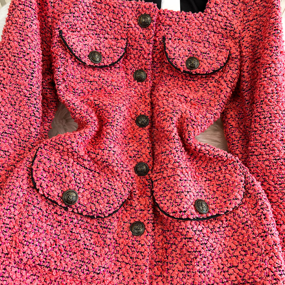 Kare Yaka Pembe Tweed Örme Elbise