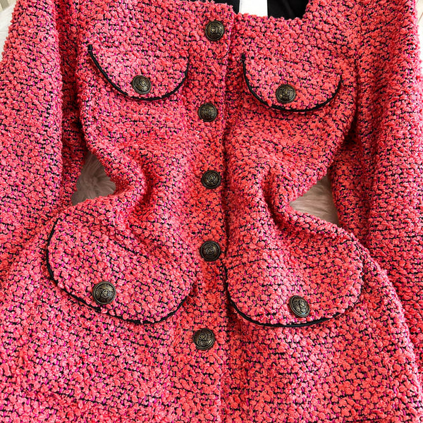 Kare Yaka Pembe Tweed Örme Elbise