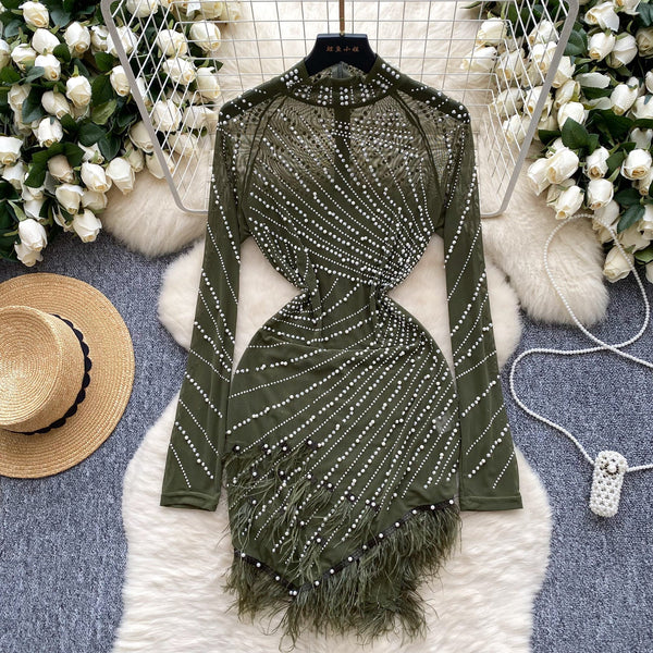 Rhinestone Studded Fringed Mesh Dress
