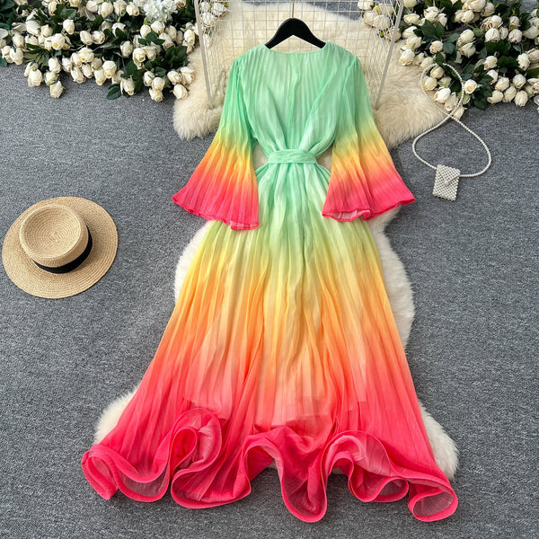 Gradient Color V-neck Fairy Dress