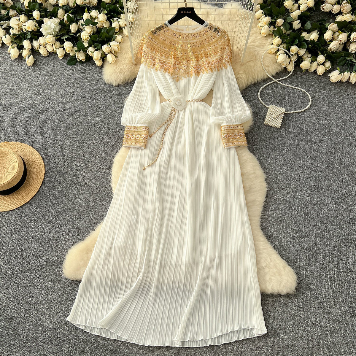 Ethnic Style Beaded Pleated Dress