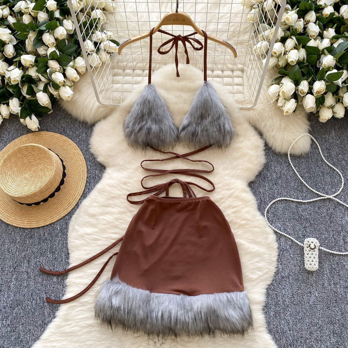 Sexy Furry Patchwork Lace-up Dress