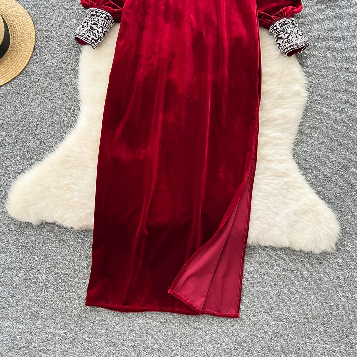 Beaded Collar Loose-fit Suede Dress