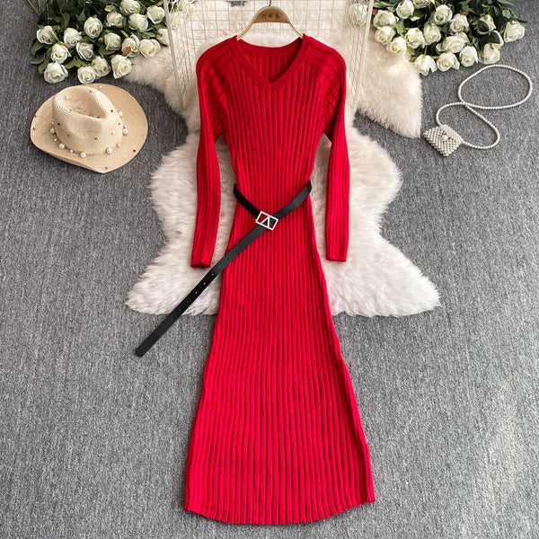 V-neck Elastic Knitted Dress with Belt