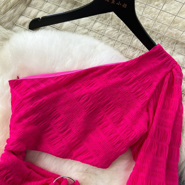 Slant Neckline Hollowed Rose Red Dress