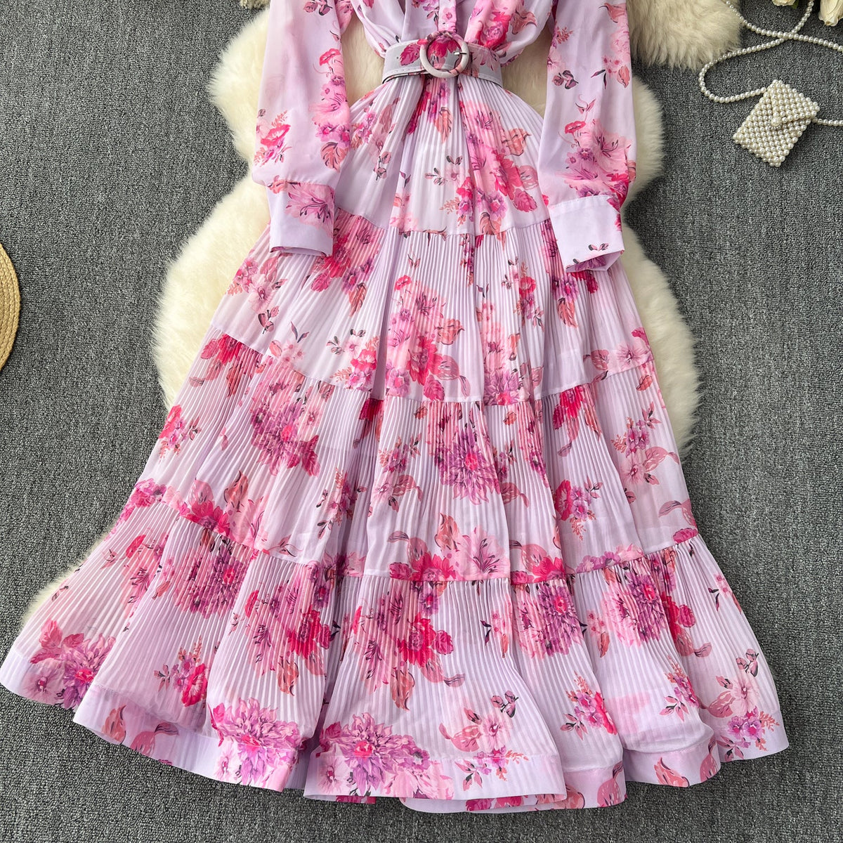 Elegant Pleated Floral Shirt Dress