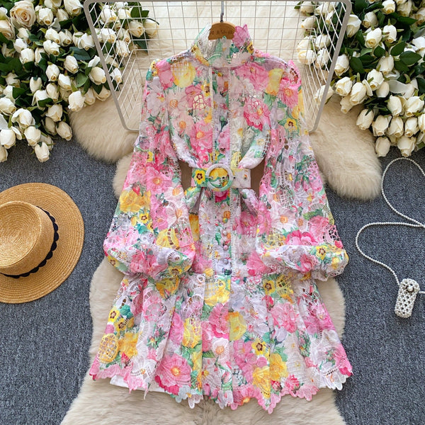 Hollowed Crochet Floral A-line Dress